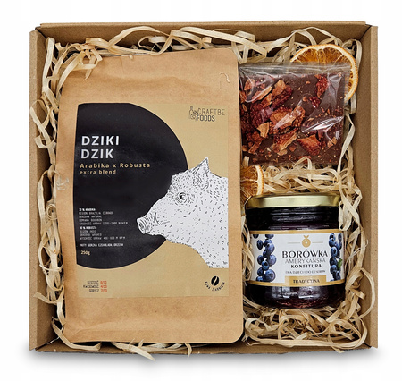 KOSZ BOX PREZENTOWY PREZENT KAWA DZIK UPOMINEK ZESTAW Z KONFITURA CZEKOLADA